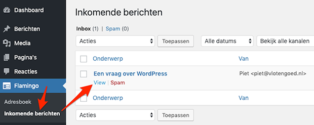 Inkomende berichten Flamingo Contact Form 7 WordPress plugin